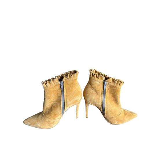 Mustard Suede Ruffle Trim Ankle Boots 4" Heel Size 36 Made in Lebanon - Picture 5 of 11